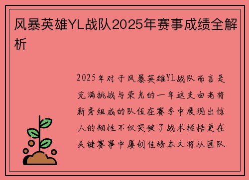 风暴英雄YL战队2025年赛事成绩全解析