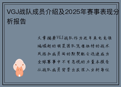 VGJ战队成员介绍及2025年赛事表现分析报告