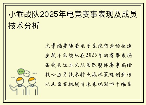 小乖战队2025年电竞赛事表现及成员技术分析